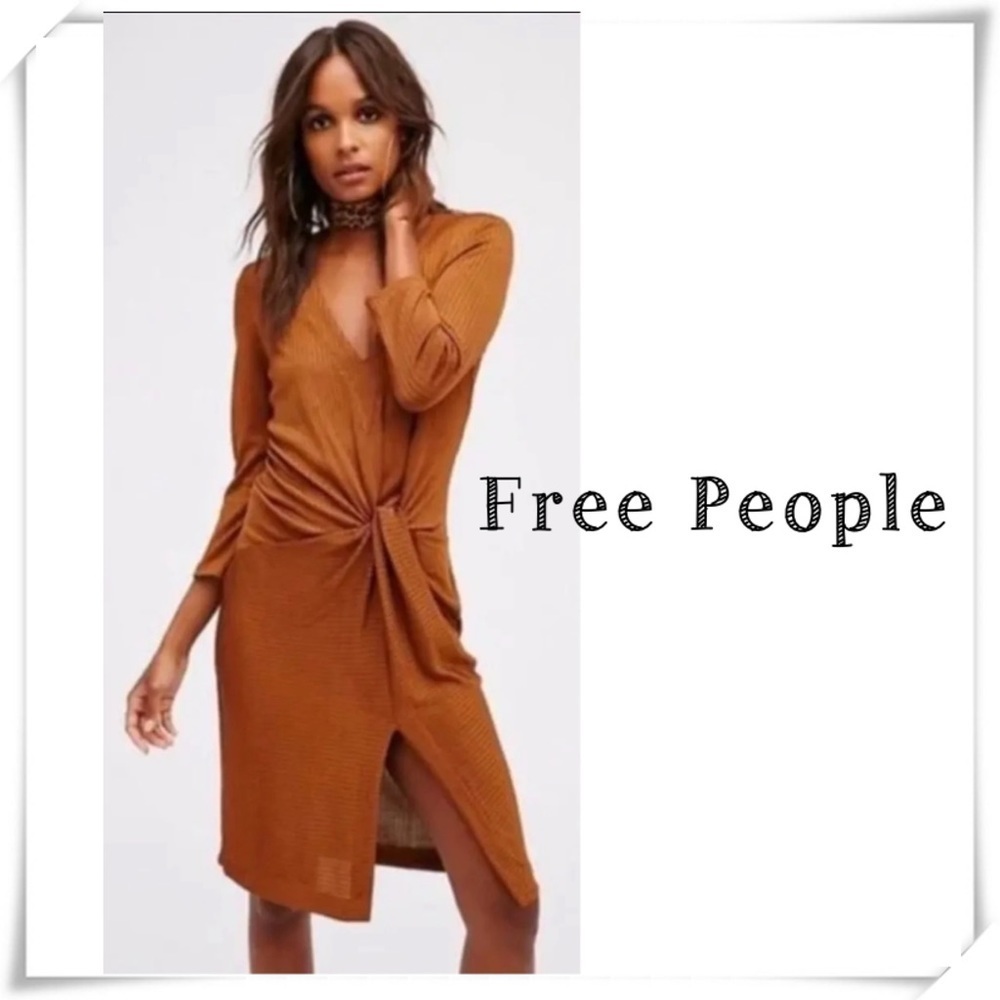 Free People Twisted Front Ribbed Knit Body-con Dress Golden Brown Sz M #OB546930